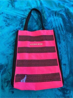 Victoria's Secret Hot Pink Tote with Black Sequin Stripes